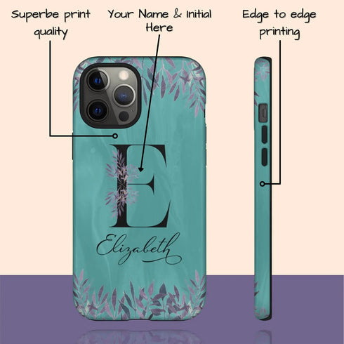 Monogram Teal & Purple Flowers iPhone Case